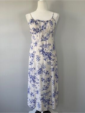Blue White Floral Toile Midi Dress S/M Smocked Back Milkmaid Cottagecore Boho